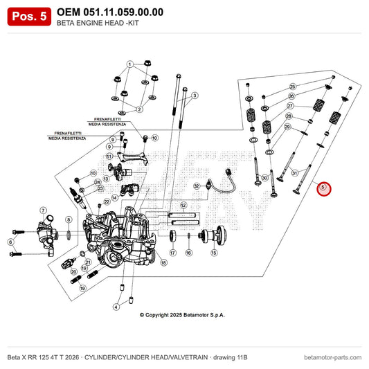 BETA ENGINE HEAD -KIT – OEM 051.11.059.00.00, position 5 on the Beta X RR 125 4T T 2026 cylinder/cylinder head/valvetrain drawing