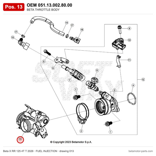 BETA THROTTLE BODY – OEM 051.13.002.80.00, position 13 on the Beta X RR 125 4T T 2026 fuel injection drawing
