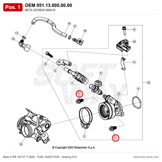 BETA SCREW M6X16 – OEM 051.13.005.00.00, position 1 on the Beta X RR 125 4T T 2026 fuel injection drawing