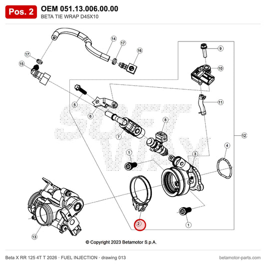 BETA TIE WRAP D45X10 – OEM 051.13.006.00.00, position 2 on the Beta X RR 125 4T T 2026 fuel injection drawing