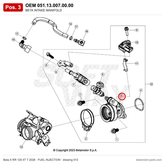 BETA INTAKE MANIFOLD – OEM 051.13.007.00.00, position 3 on the Beta X RR 125 4T T 2026 fuel injection drawing