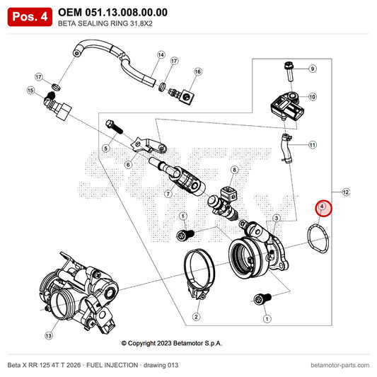 BETA SEALING RING 31,8X2 – OEM 051.13.008.00.00, position 4 on the Beta X RR 125 4T T 2026 fuel injection drawing
