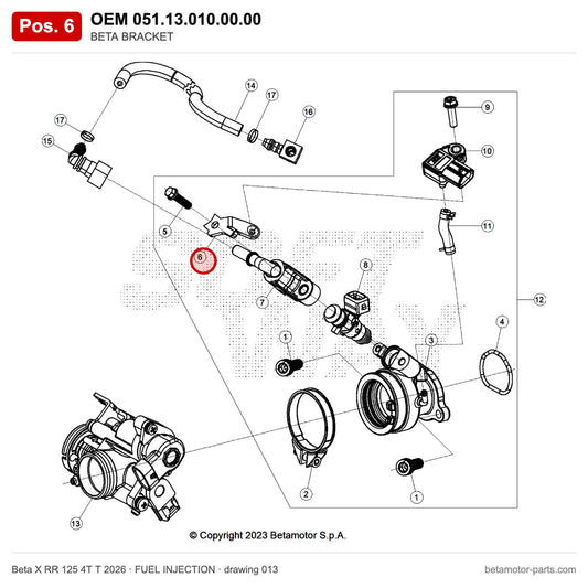 BETA BRACKET – OEM 051.13.010.00.00, position 6 on the Beta X RR 125 4T T 2026 fuel injection drawing