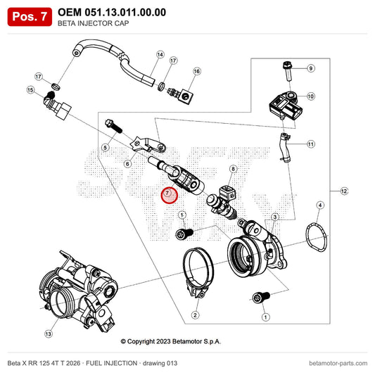 BETA INJECTOR CAP – OEM 051.13.011.00.00, position 7 on the Beta X RR 125 4T T 2026 fuel injection drawing