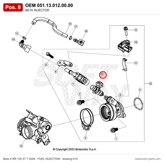 BETA INJECTOR – OEM 051.13.012.00.00, position 8 on the Beta X RR 125 4T T 2026 fuel injection drawing