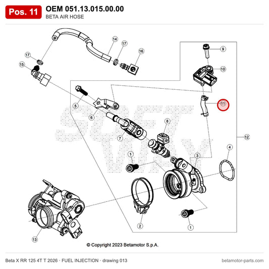BETA AIR HOSE – OEM 051.13.015.00.00, position 11 on the Beta X RR 125 4T T 2026 fuel injection drawing