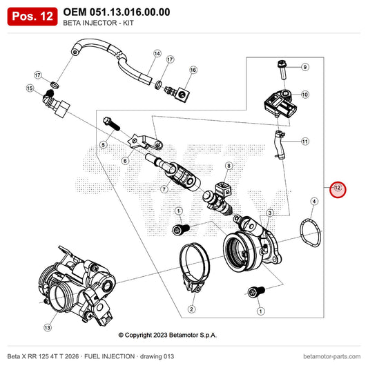 BETA INJECTOR - KIT – OEM 051.13.016.00.00, position 12 on the Beta X RR 125 4T T 2026 fuel injection drawing