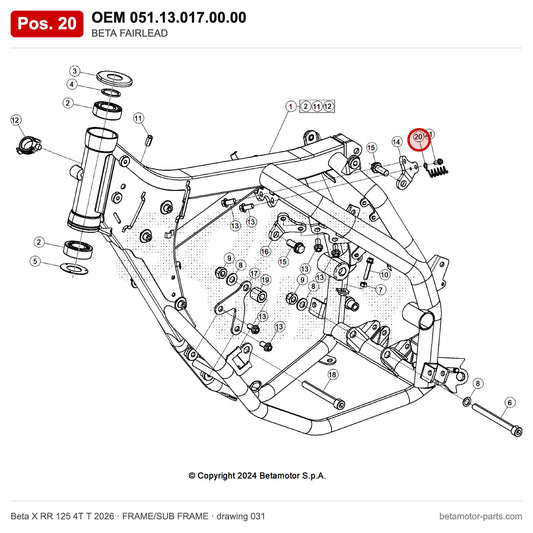 BETA FAIRLEAD – OEM 051.13.017.00.00, position 20 on the Beta X RR 125 4T T 2026 frame/sub frame drawing