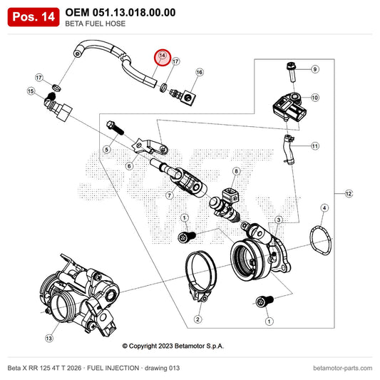 BETA FUEL HOSE – OEM 051.13.018.00.00, position 14 on the Beta X RR 125 4T T 2026 fuel injection drawing
