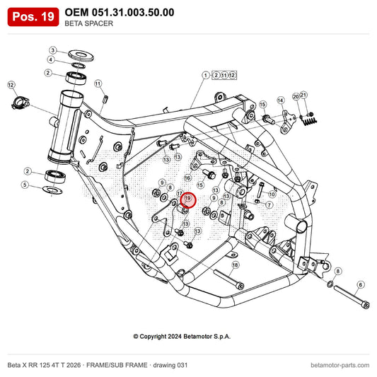BETA SPACER – OEM 051.31.003.50.00, position 19 on the Beta X RR 125 4T T 2026 frame/sub frame drawing