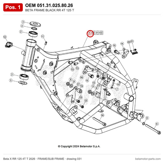 BETA FRAME BLACK RR 4T 125 T – OEM 051.31.025.80.26, position 1 on the Beta X RR 125 4T T 2026 frame/sub frame drawing
