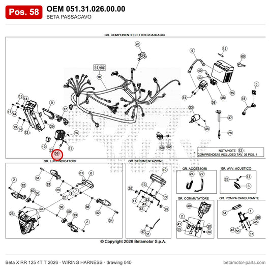 BETA FAIRLEAD – OEM 051.31.026.00.00, position 58 on the Beta X RR 125 4T T 2026 wiring harness drawing