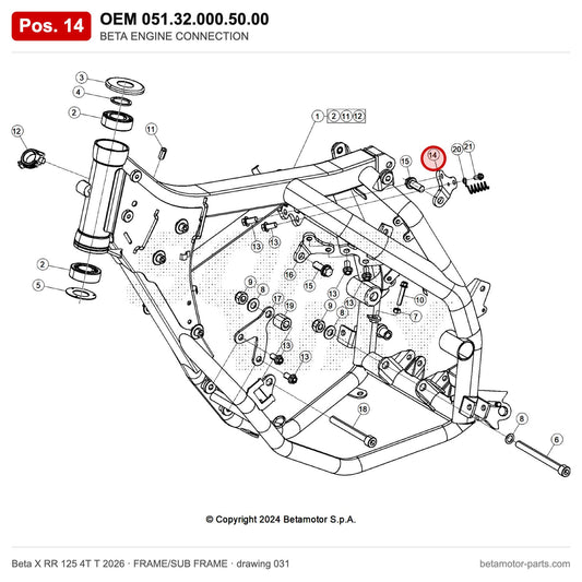 BETA ENGINE CONNECTION – OEM 051.32.000.50.00, position 14 on the Beta X RR 125 4T T 2026 frame/sub frame drawing