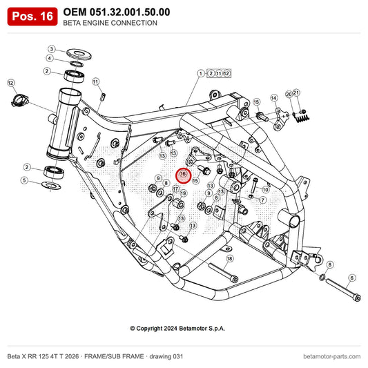 BETA ENGINE CONNECTION – OEM 051.32.001.50.00, position 16 on the Beta X RR 125 4T T 2026 frame/sub frame drawing