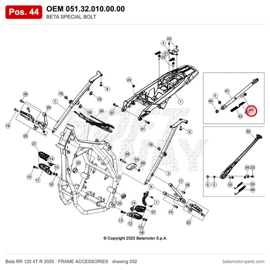 BETA SPECIAL BOLT – OEM 051.32.010.00.00, position 44 on the Beta RR 125 4T R 2025 frame accessories drawing