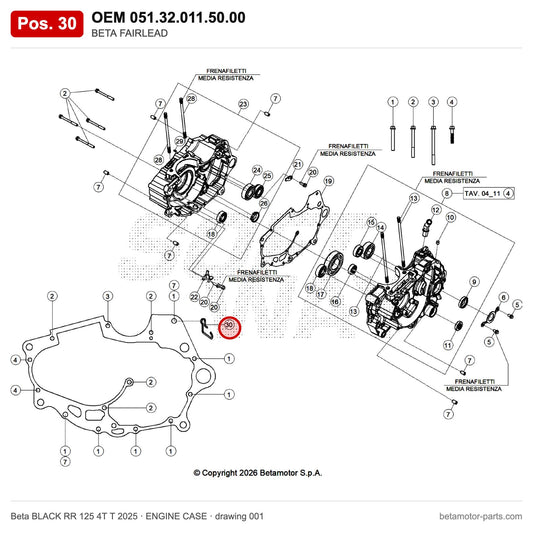 BETA FAIRLEAD – OEM 051.32.011.50.00, position 30 on the Beta BLACK RR 125 4T T 2025 engine case drawing