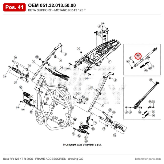 BETA SUPPORT - MOTARD RR 4T 125 T – OEM 051.32.013.50.00, position 41 on the Beta RR 125 4T R 2025 frame accessories drawing