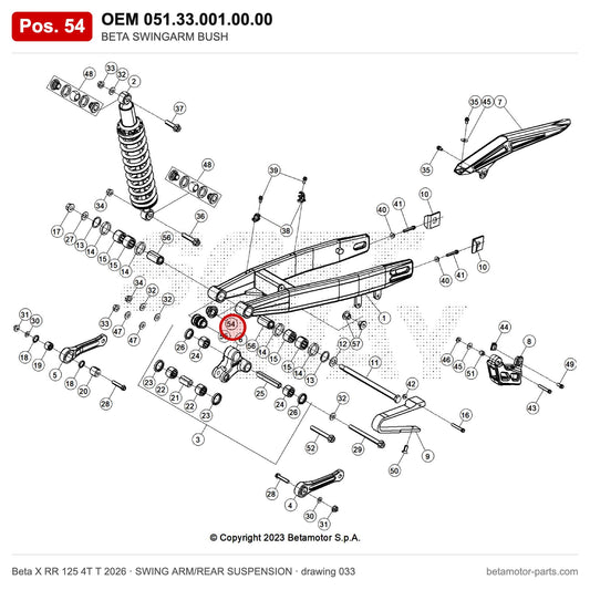 BETA SWINGARM BUSH – OEM 051.33.001.00.00, position 54 on the Beta X RR 125 4T T 2026 swing arm/rear suspension drawing