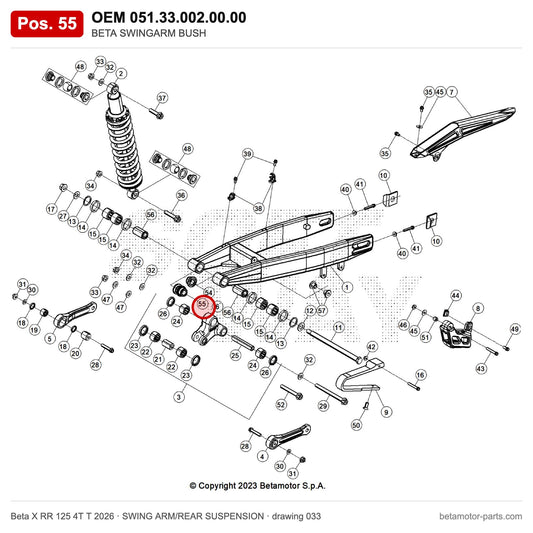 BETA SWINGARM BUSH – OEM 051.33.002.00.00, position 55 on the Beta X RR 125 4T T 2026 swing arm/rear suspension drawing