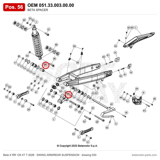 BETA SPACER – OEM 051.33.003.00.00, position 56 on the Beta X RR 125 4T T 2026 swing arm/rear suspension drawing