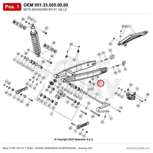 BETA SWINGARM RR 4T 125 T – OEM 051.33.005.00.00, position 1 on the Beta X RR 125 4T T 2026 swing arm/rear suspension drawing