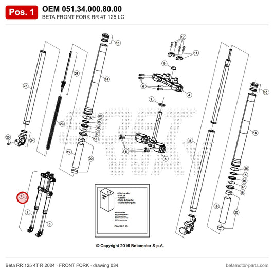 BETA FRONT FORK RR 4T 125 T – OEM 051.34.000.80.00, position 1 on the Beta RR 125 4T R 2024 front fork drawing