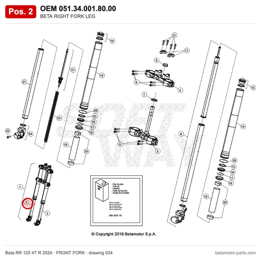 BETA RIGHT FORK LEG – OEM 051.34.001.80.00, position 2 on the Beta RR 125 4T R 2024 front fork drawing