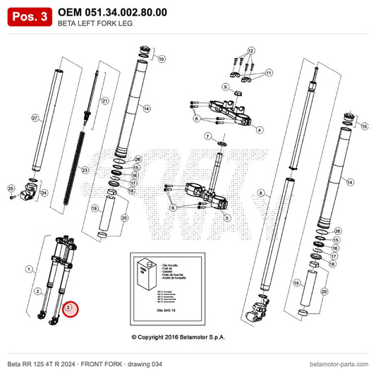 BETA LEFT FORK LEG – OEM 051.34.002.80.00, position 3 on the Beta RR 125 4T R 2024 front fork drawing