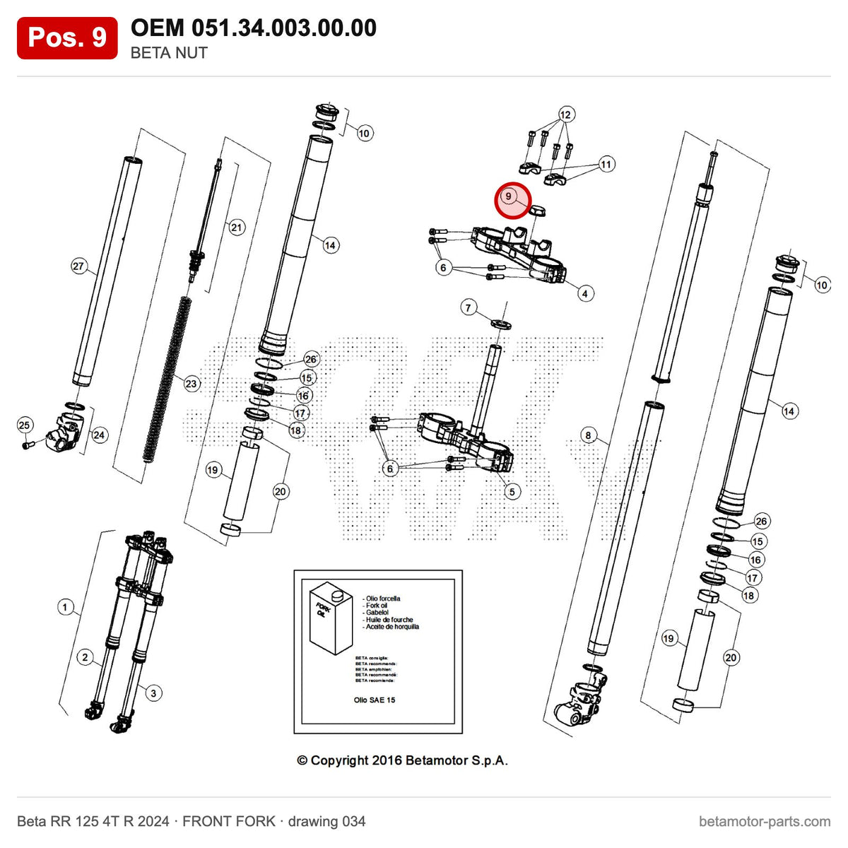BETA NUT – OEM 051.34.003.00.00, position 9 on the Beta RR 125 4T R 2024 front fork drawing