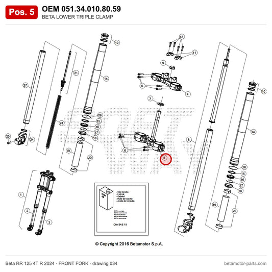 BETA LOWER TRIPLE CLAMP_2 – OEM 051.34.010.80.59, position 5 on the Beta RR 125 4T R 2024 front fork drawing