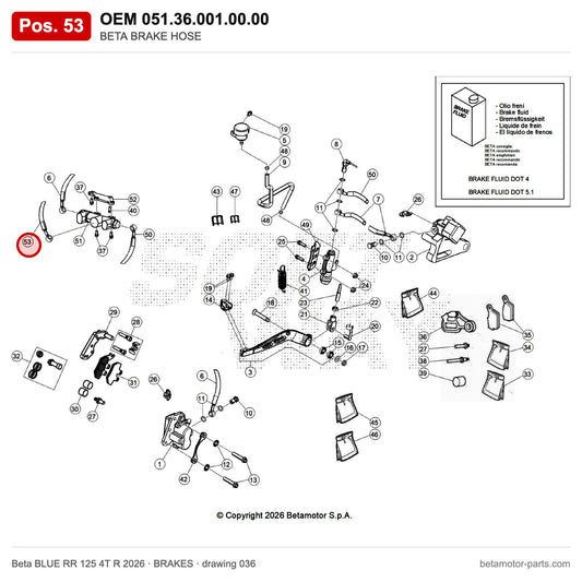 BETA BRAKE HOSE – OEM 051.36.001.00.00, position 53 on the Beta BLUE RR 125 4T R 2026 brakes drawing