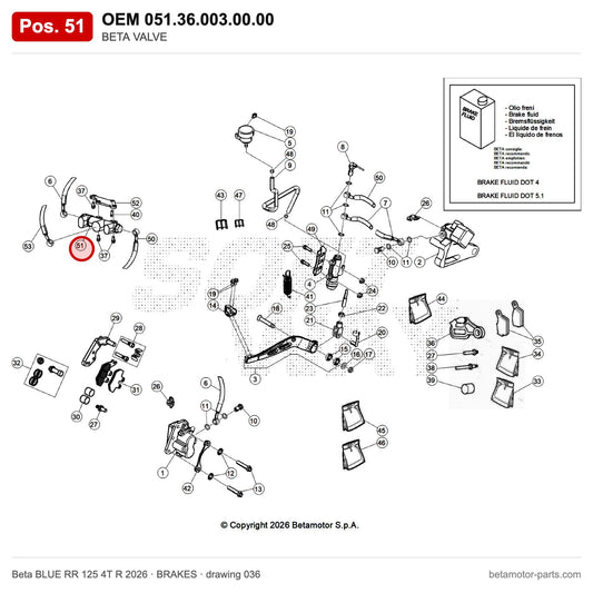 BETA VALVE – OEM 051.36.003.00.00, position 51 on the Beta BLUE RR 125 4T R 2026 brakes drawing