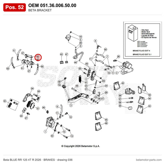 BETA BRACKET – OEM 051.36.006.50.00, position 52 on the Beta BLUE RR 125 4T R 2026 brakes drawing