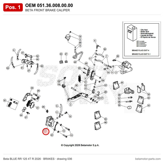 BETA FRONT BRAKE CALIPER – OEM 051.36.008.00.00, position 1 on the Beta BLUE RR 125 4T R 2026 brakes drawing
