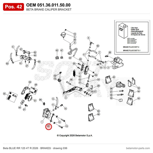 BETA BRAKE CALIPER BRACKET – OEM 051.36.011.50.00, position 42 on the Beta BLUE RR 125 4T R 2026 brakes drawing