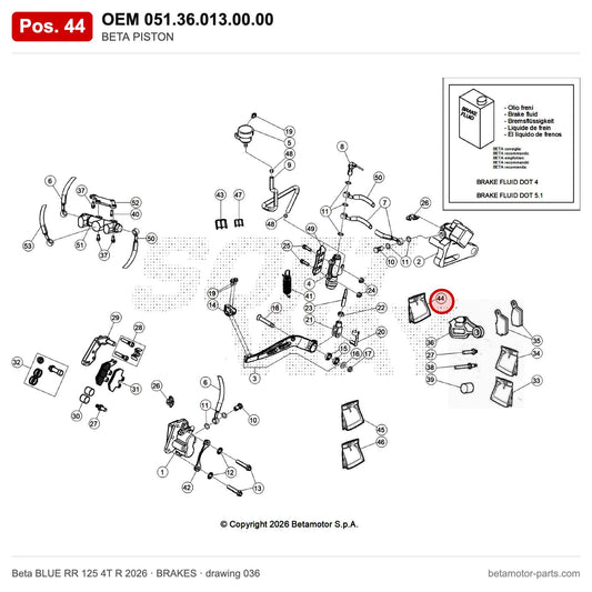 BETA PISTON – OEM 051.36.013.00.00, position 44 on the Beta BLUE RR 125 4T R 2026 brakes drawing
