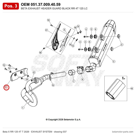 BETA EXHAUST HEADER GUARD BLACK RR 4T 125 T – OEM 051.37.009.40.59, position 3 on the Beta X RR 125 4T T 2026 exhaust system drawing