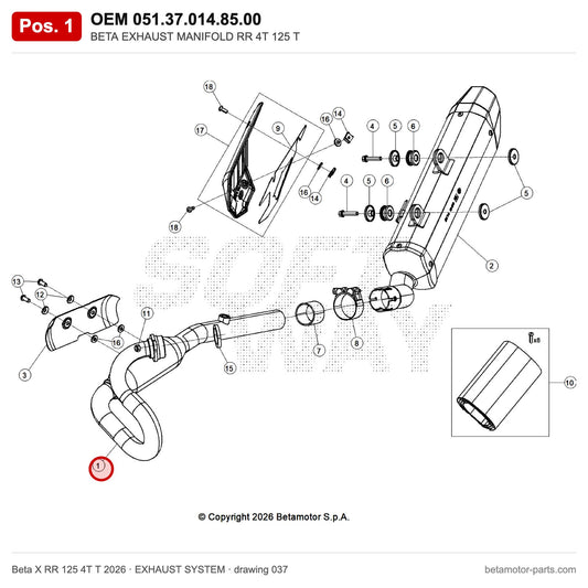 BETA EXHAUST MANIFOLD RR 4T 125 T – OEM 051.37.014.85.00, position 1 on the Beta X RR 125 4T T 2026 exhaust system drawing