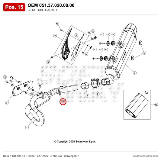 BETA TUBE GASKET – OEM 051.37.020.00.00, position 15 on the Beta X RR 125 4T T 2026 exhaust system drawing