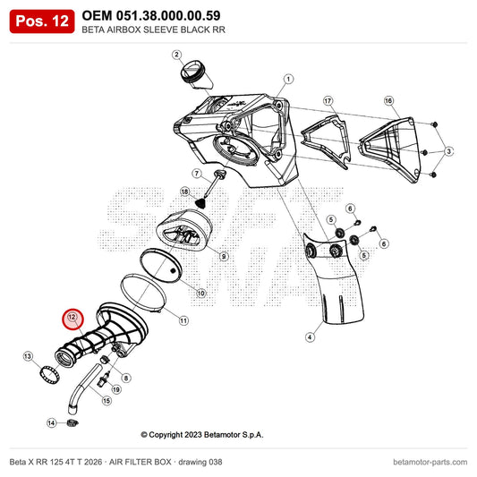 BETA AIRBOX SLEEVE BLACK RR 4T 125 T – OEM 051.38.000.00.59, position 12 on the Beta X RR 125 4T T 2026 air filter box drawing