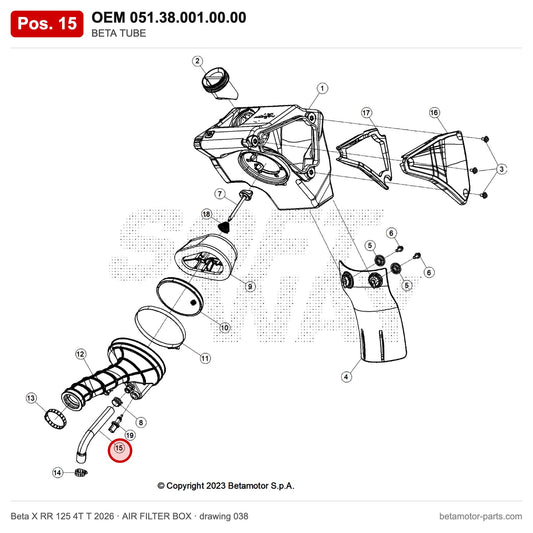 BETA TUBE – OEM 051.38.001.00.00, position 15 on the Beta X RR 125 4T T 2026 air filter box drawing