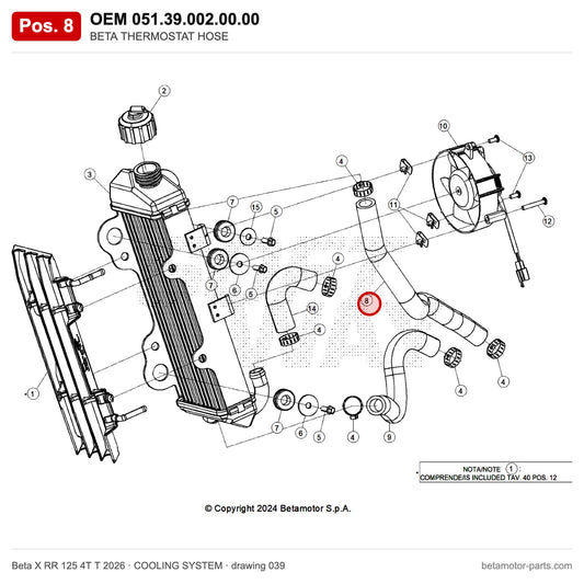 BETA THERMOSTAT HOSE – OEM 051.39.002.00.00, position 8 on the Beta X RR 125 4T T 2026 cooling system drawing