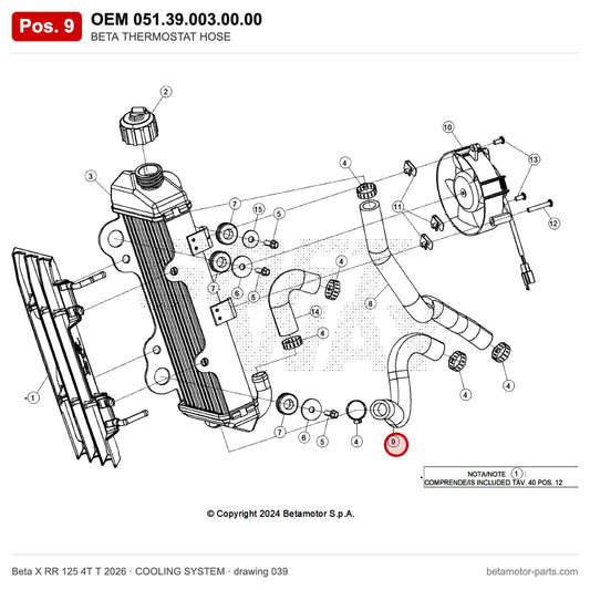 BETA THERMOSTAT HOSE – OEM 051.39.003.00.00, position 9 on the Beta X RR 125 4T T 2026 cooling system drawing