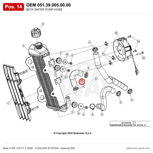 BETA WATER PUMP HOSE – OEM 051.39.005.00.00, position 14 on the Beta X RR 125 4T T 2026 cooling system drawing