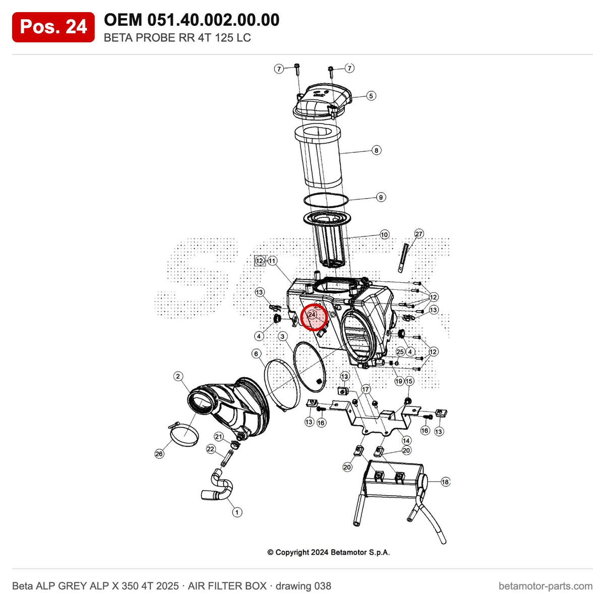 BETA PROBE RR 4T 125 T – OEM 051.40.002.00.00, position 24 on the Beta ALP GREY ALP X 350 4T 2025 air filter box drawing
