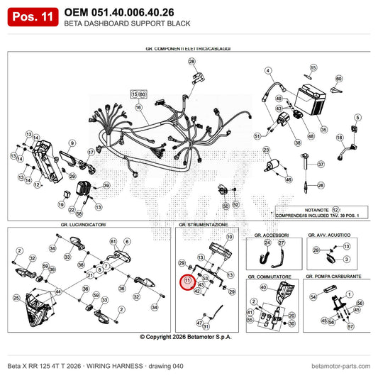 BETA DASHBOARD SUPPORT BLACK RR 4T 125 LC – OEM 051.40.006.40.26, position 11 on the Beta X RR 125 4T T 2026 wiring harness drawing