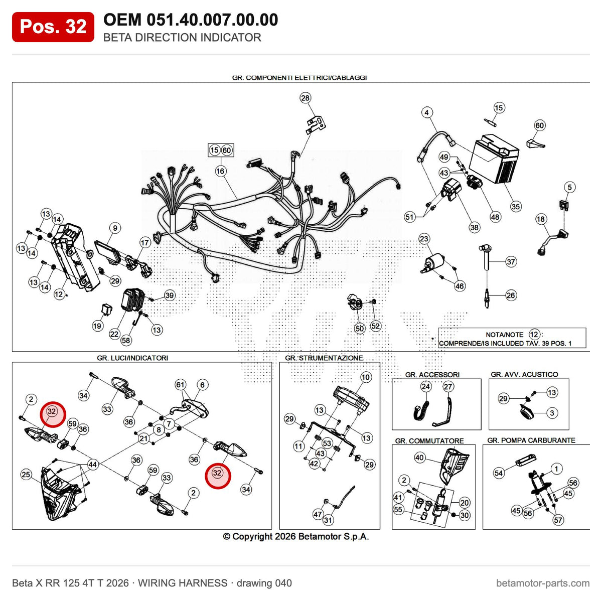 BETA DIRECTION INDICATOR – OEM 051.40.007.00.00, position 32 on the Beta X RR 125 4T T 2026 wiring harness drawing