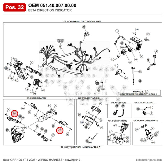 BETA DIRECTION INDICATOR – OEM 051.40.007.00.00, position 32 on the Beta X RR 125 4T T 2026 wiring harness drawing