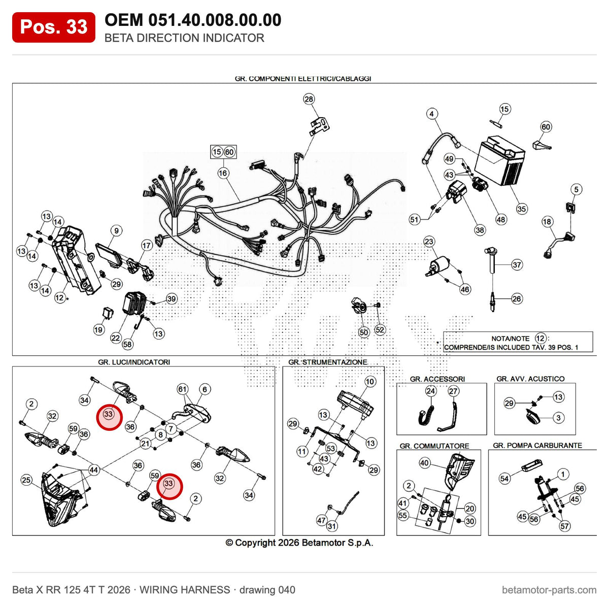 BETA DIRECTION INDICATOR – OEM 051.40.008.00.00, position 33 on the Beta X RR 125 4T T 2026 wiring harness drawing