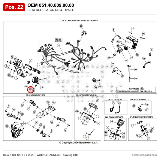 BETA REGULATOR RR 4T 125 T – OEM 051.40.009.00.00, position 22 on the Beta X RR 125 4T T 2026 wiring harness drawing
